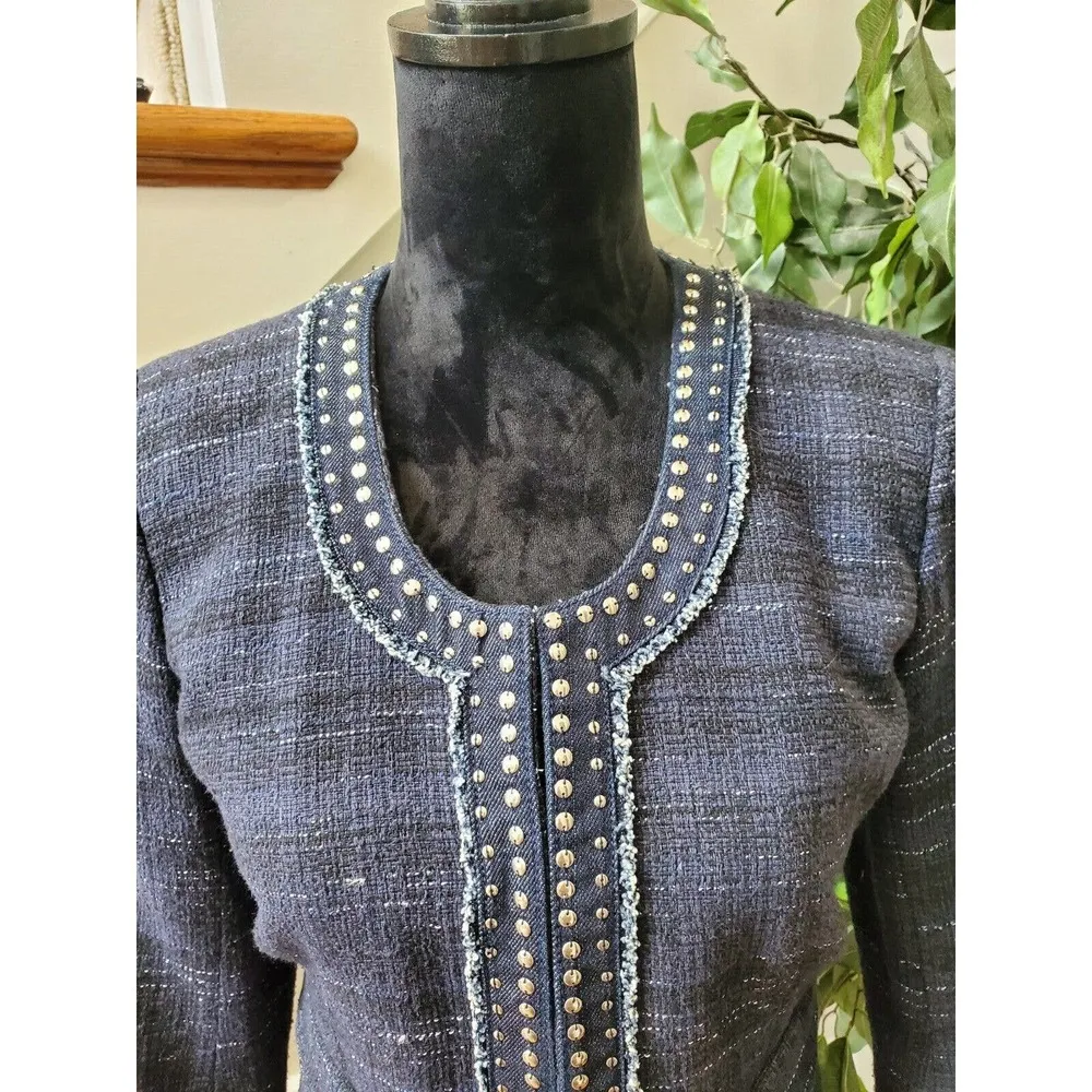 Ann Taylor Loft Women's Blue Cotton Long Sleeve Casual Crome Studded Blazer 4 - Image 2