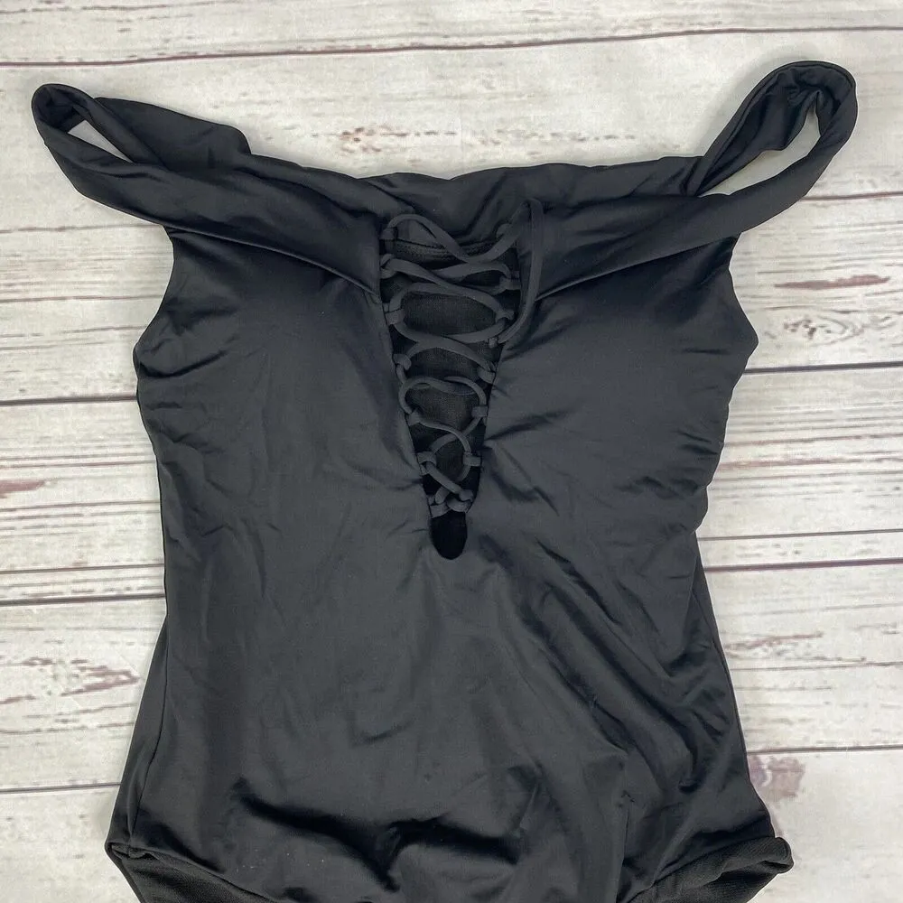 Bar III Solid Lace Up Off-The-Shoulder One-Piece Swimsuit Size M Black New - Image 3