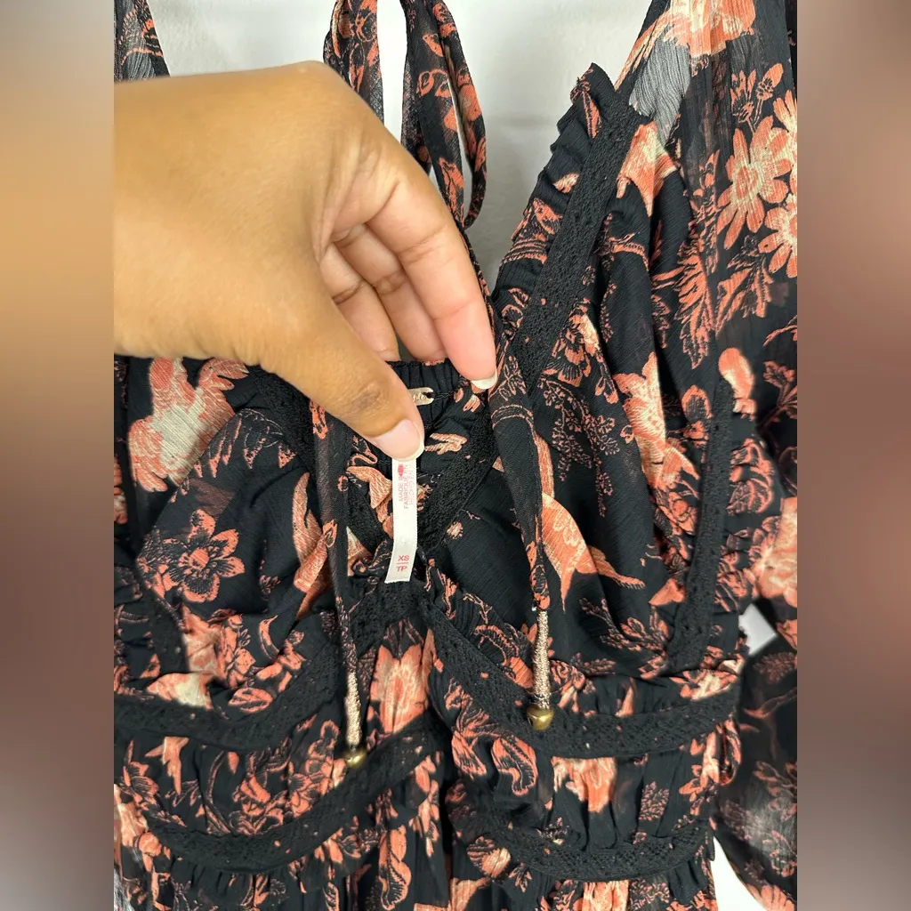 Free People You're A Jewel Maxi Dress Chiffon Black Rose Bird Print Floral Sz XS - Image 9