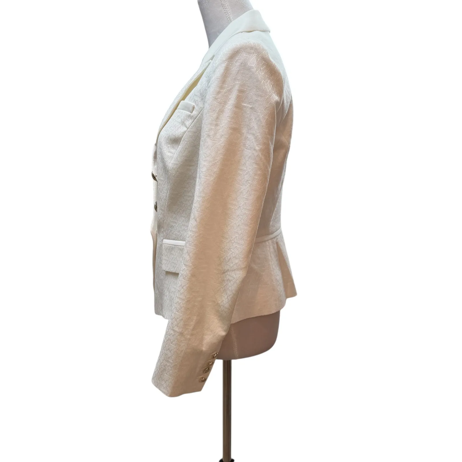 Cream  White Textured Double Breasted Blazer Jacket with Gold Buttons - Image 2