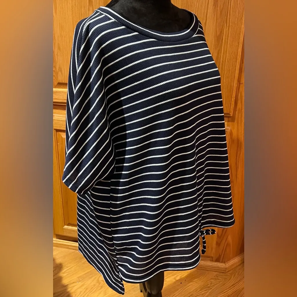Forgotten Grace Dolman Sleeve Tie-Front Stripe Shirt Navy & White Plus Size 3X - Image 3