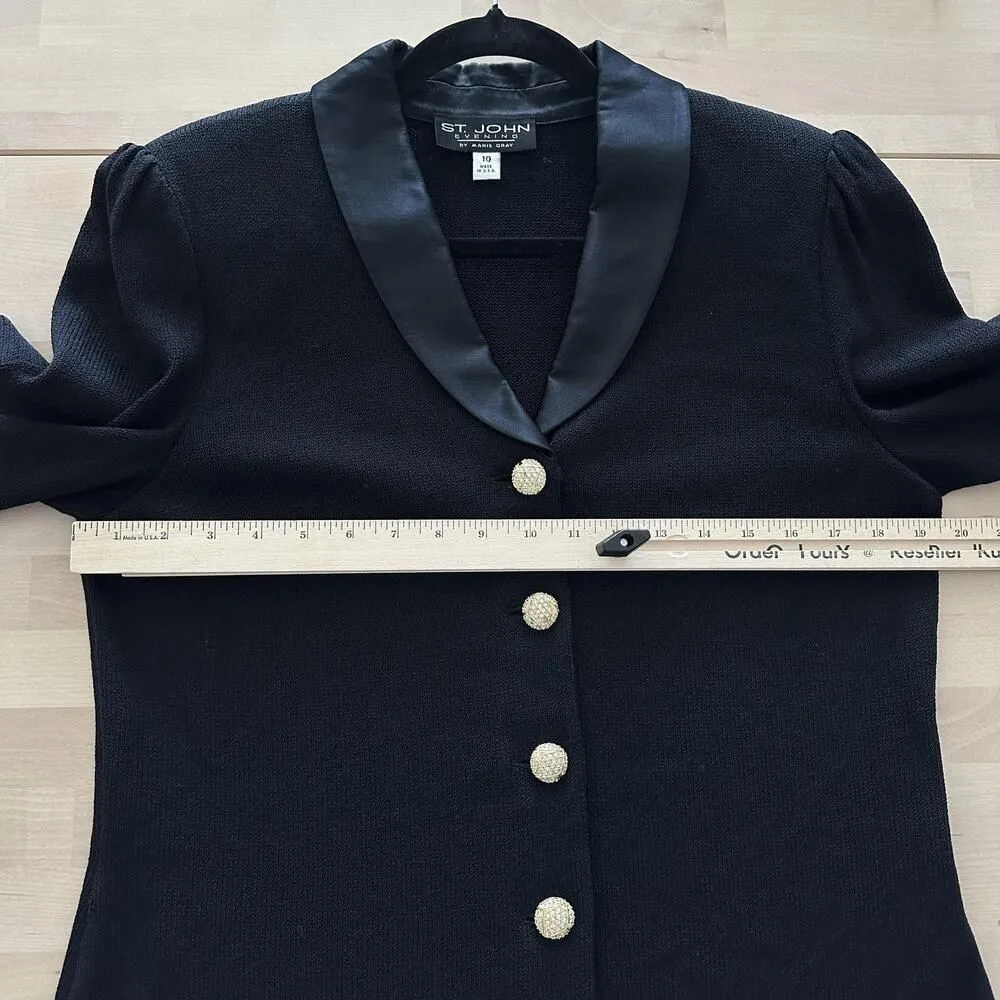 St John Evening Blazer 10 Black Santana Knit Rhinestone Tuxedo Jacket Elegant - Image 8