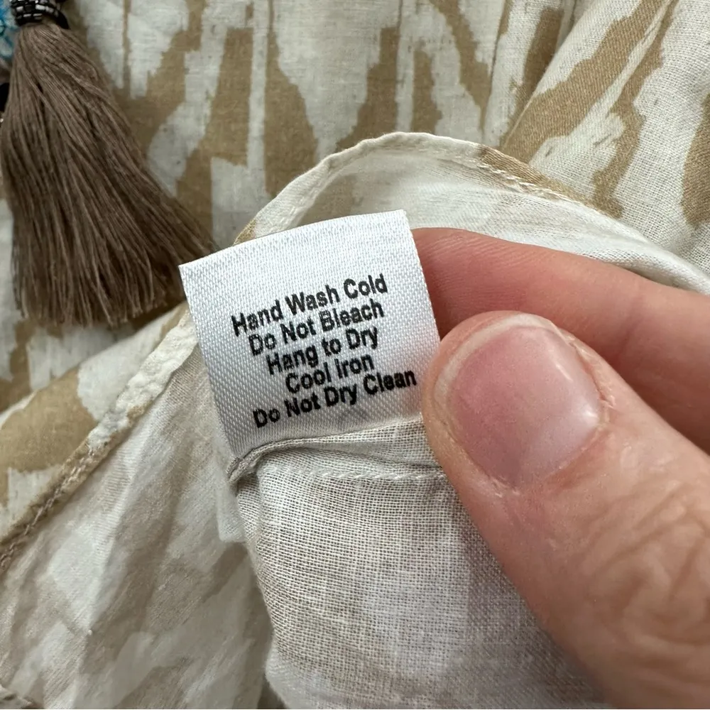 Bella Tu Long Sleeve Tunic Top V Neck‎ Beige Cotton Beaded Sequin Boho Women's L Tan Size L - Image 7