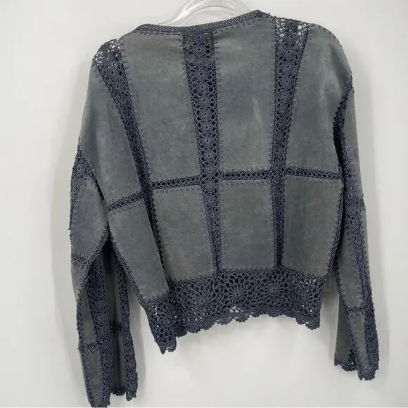 Overland Leather Jacket Size‎ Large Patchwork Crochet Lace Suede Vintage Blue - Image 5