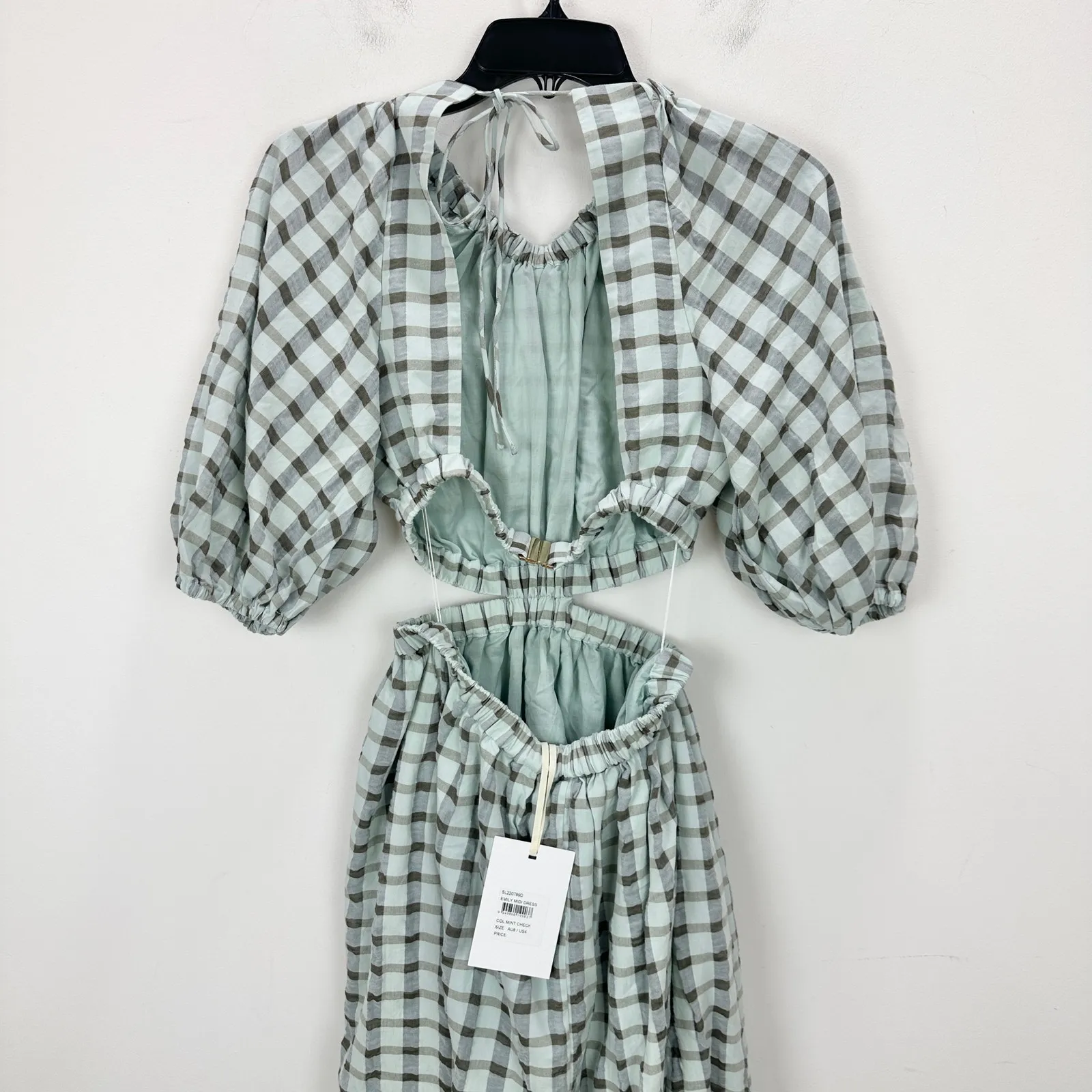 Significant Other Emily Midi Dress Gingham Mint Check Cotton Cutout US 4 NWT Blue - Image 9