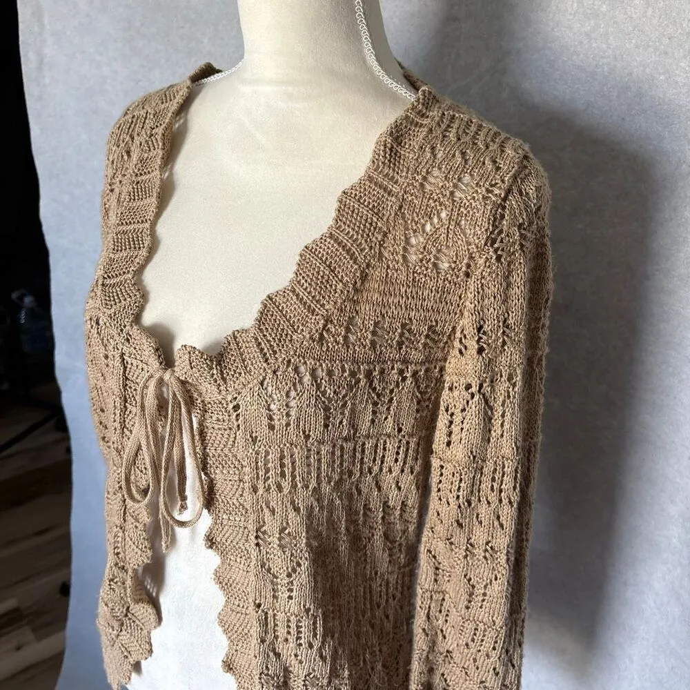 White Stag Vintage Crochet Open Knit Cardigan Tan Size Large Boho Y2K Grandma - Image 3