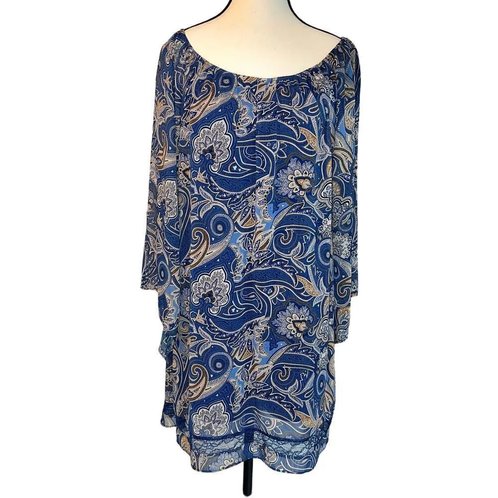 Alice + Olivia Cari Sheer Paislry Blue Off Shoulder Gypsy Sleeve Dress Size S - Image 3