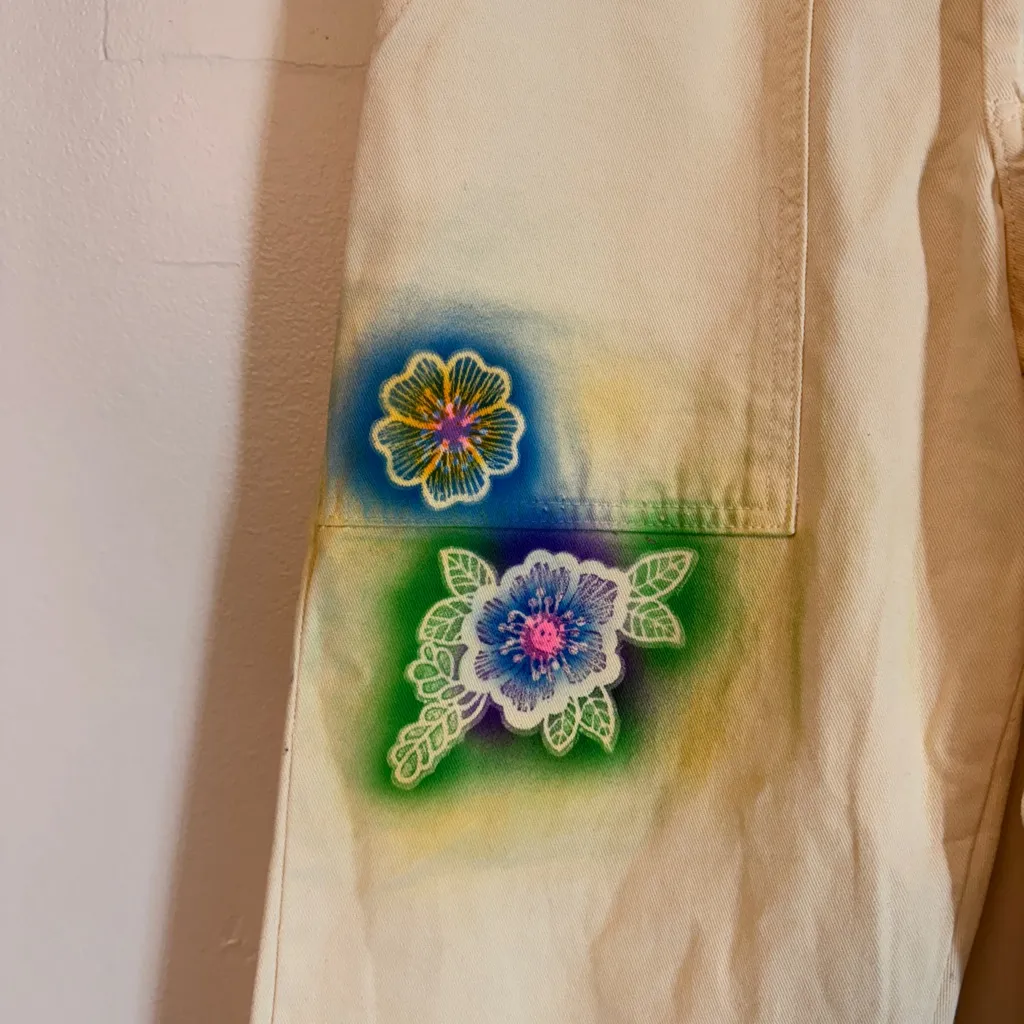 Big Bud Press Work Pants Sz XXS Lace Airbrush Floral RARE GRAIL Yellow Pink - Image 5