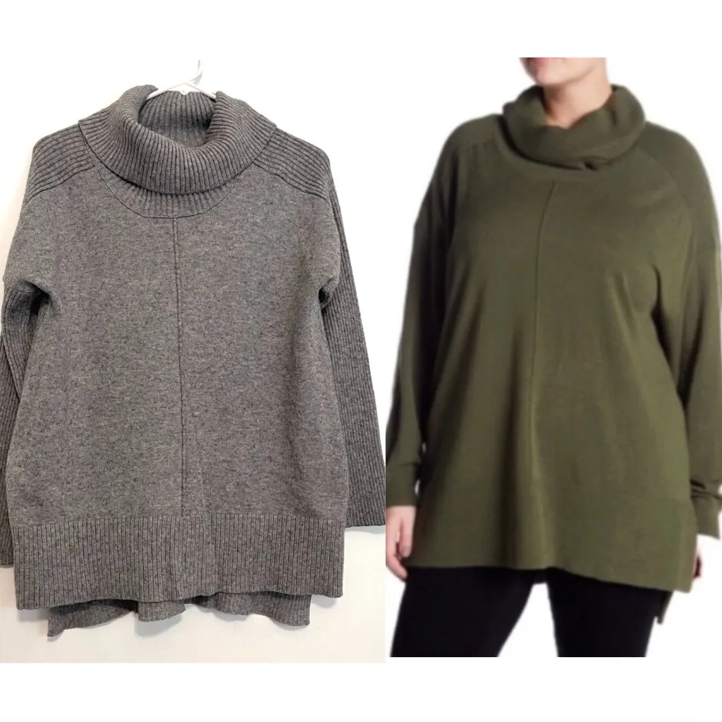 CABLE & GAUGE Cowl Neck Sweater Gray Flecked Speckled Hi-Lo Hem Tunic Sweater L - Image 2