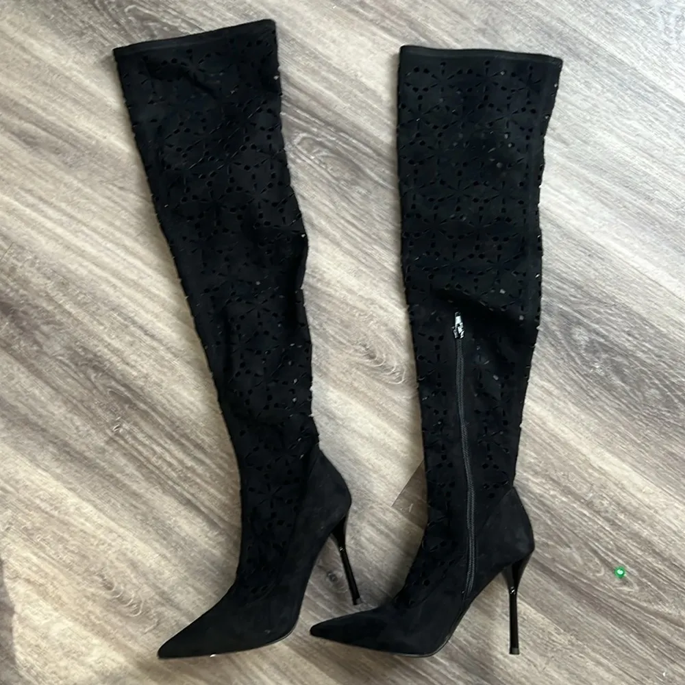 Jeffrey Campbell Black Suede Perforated Tall Boots Stiletto Heel 6.5 - Image 8