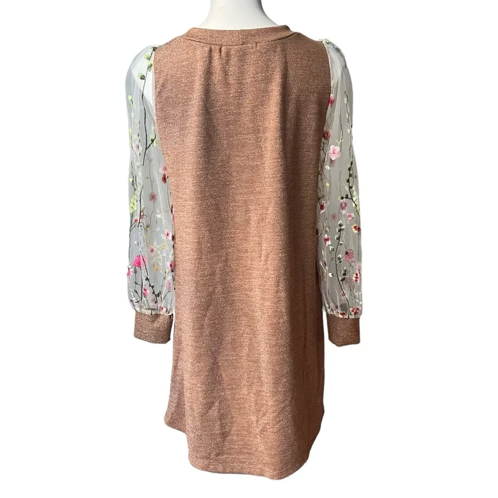 Renee C. Brown Metallic Dress with Sheer Mesh Embroidered Long Sleeves; Sz M - Image 2