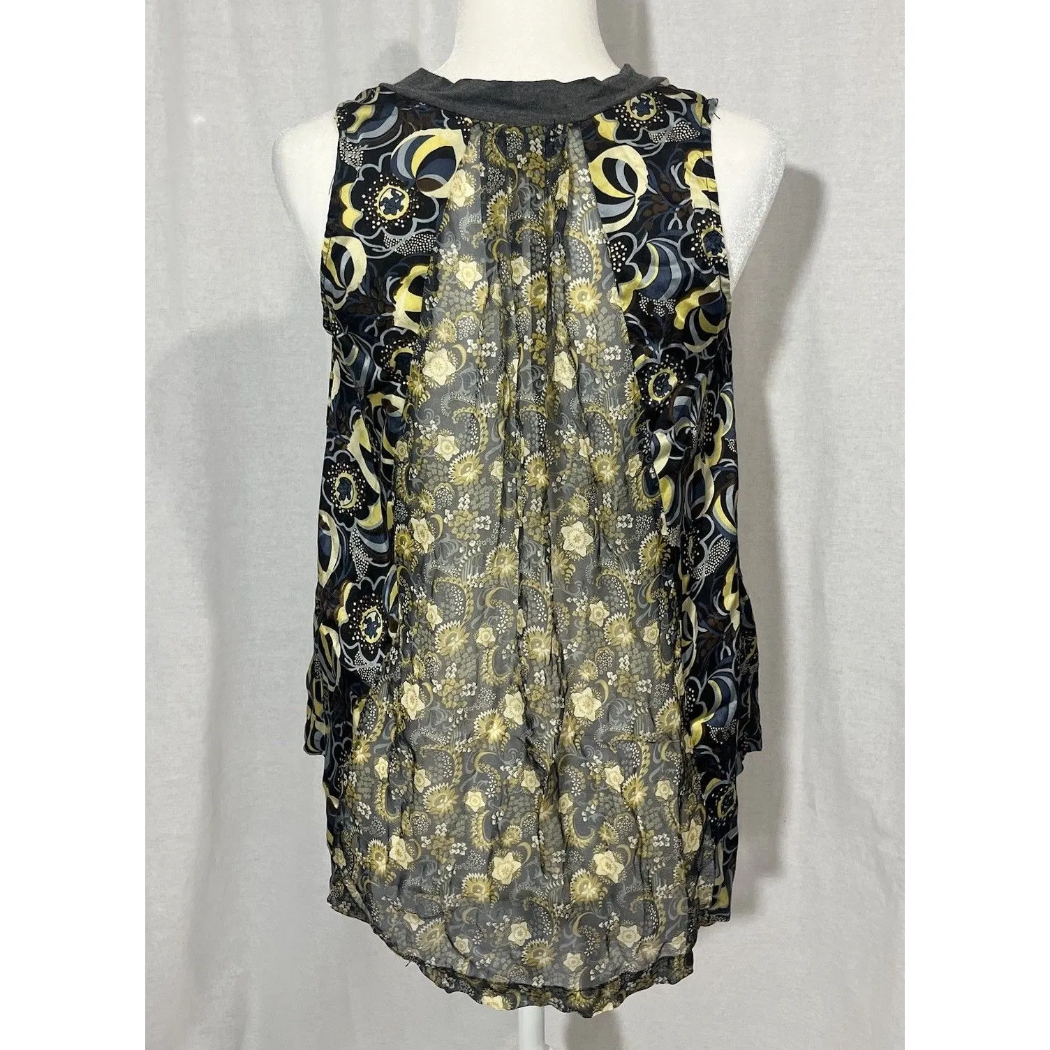 Rozae RN Sz. Small Silk Blouse Sleeveless Tie VNeck All Over Print BOHO USA Made - Image 2