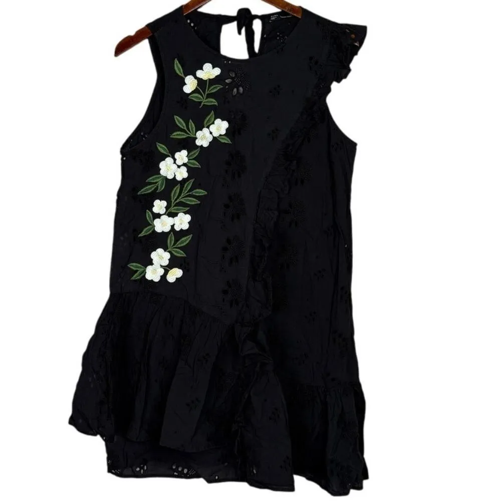 Zara Ruffle Sleeveless Eyelet Floral Daisy Embroidered Mini Dress Ruffle L Black - Image 2