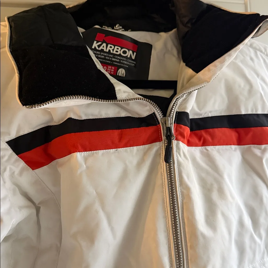 Karbon White ski jacket with double stripes in red and black Size 10 - Image 3