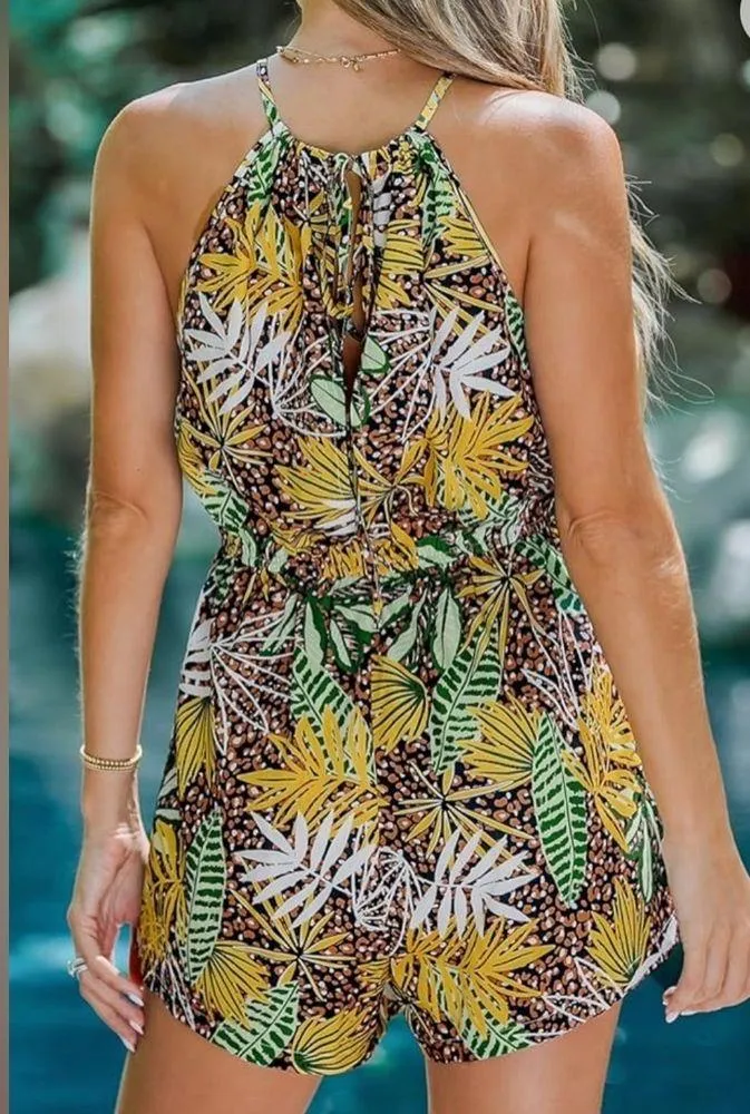 CUPSHE Women's Halter Leopard Tropical Print Sleeveless Short Romper X-Large - Image 2