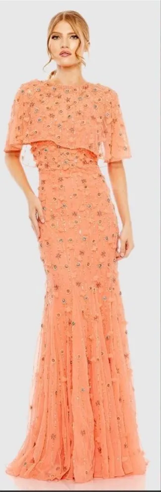 MAC DUGGAL 93653 Orange Embellished Illusion Cape Sleeve Trumpet Gown Dress - Image 3