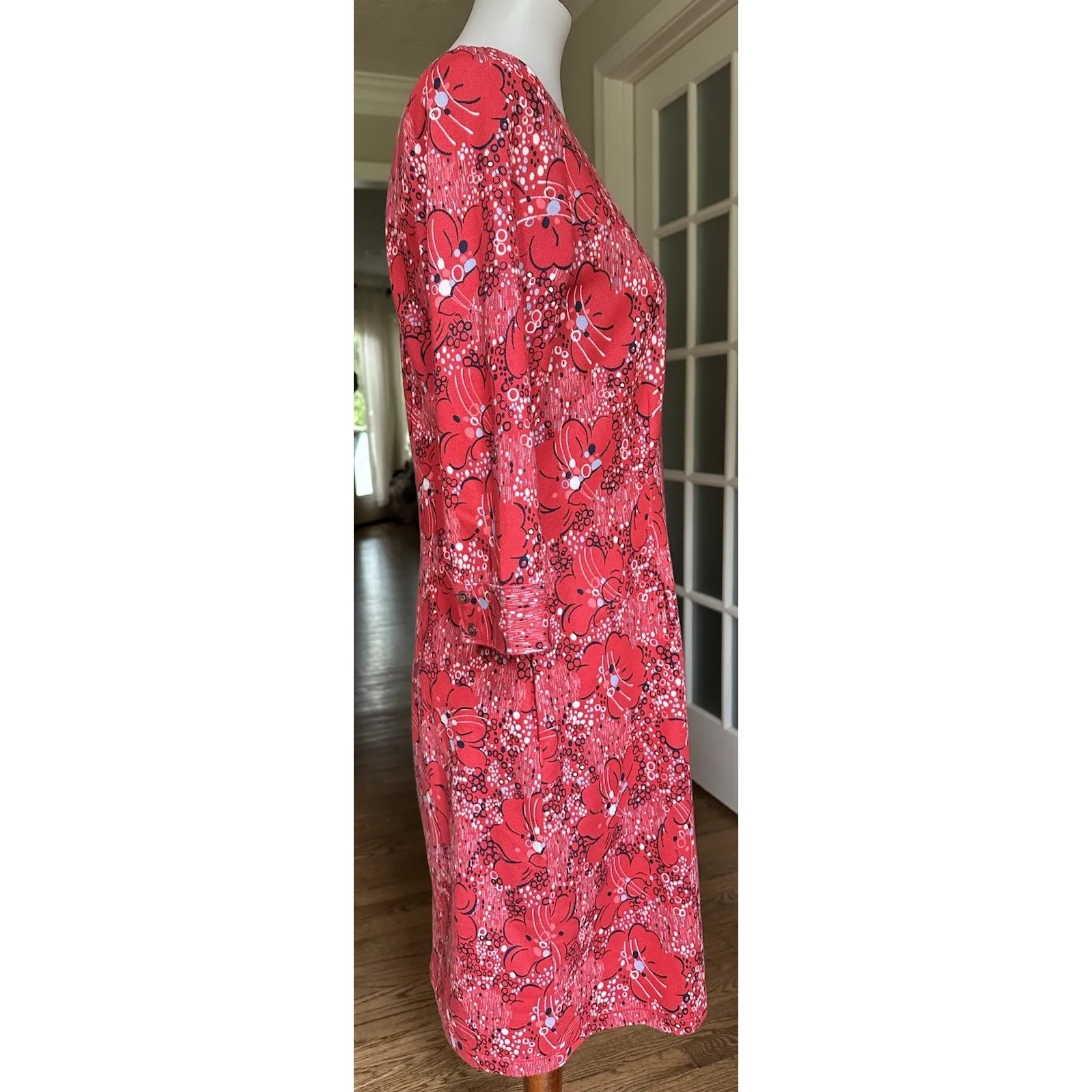 REI Women's Red Floral 3/4 Sleeve Button Front Casual Dress Size M Cotton Blend Size M - Image 4