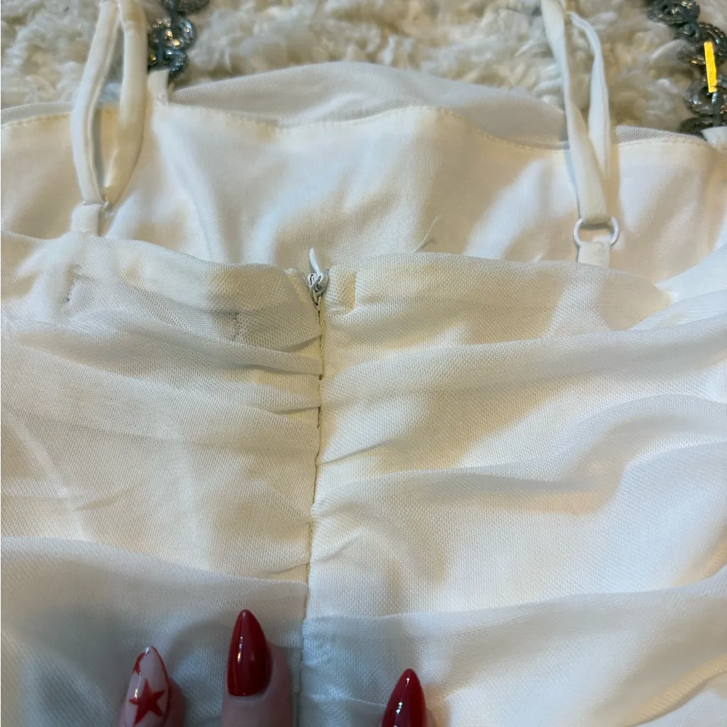 Forever 21 Rhinestone Elegant White Ruched Dress - Image 7