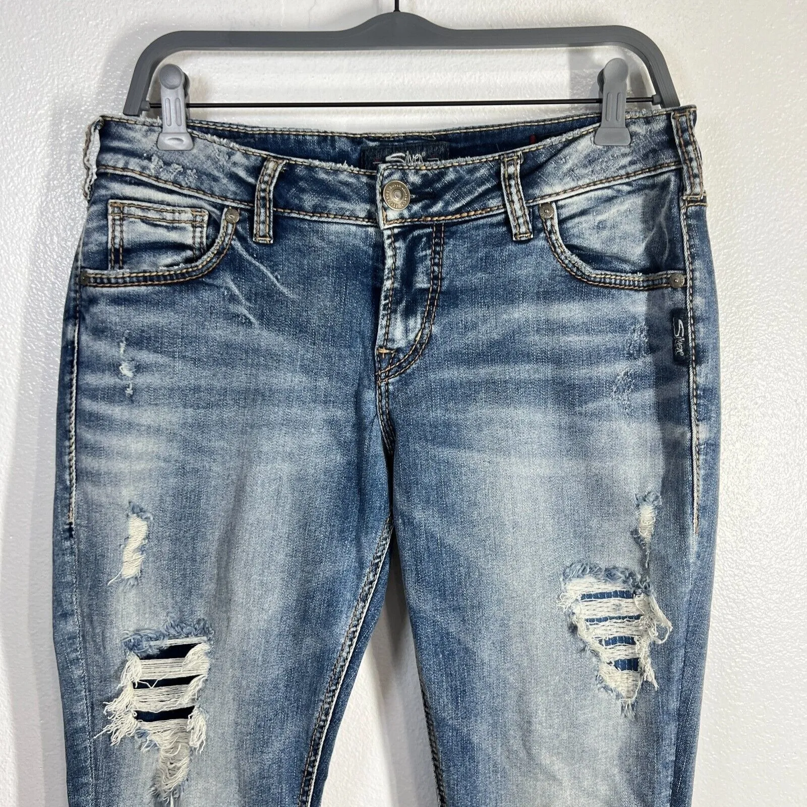 Silver Jeans Womens 29x27 Blue Girlfriend Skinny Distressed Medium Wash Casual - Image 8