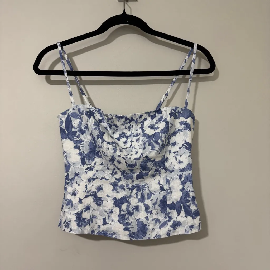 Reformation Overland Linen Top Floral Print Summer Coquette Larkspur Size 0 - Image 4