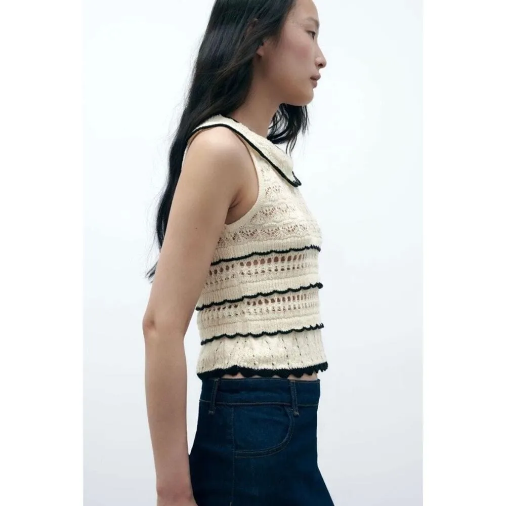 Zara Cream White Sleeveless Crochet Knit Ruffle Collar Crop Sweater Tank Top M - Image 2