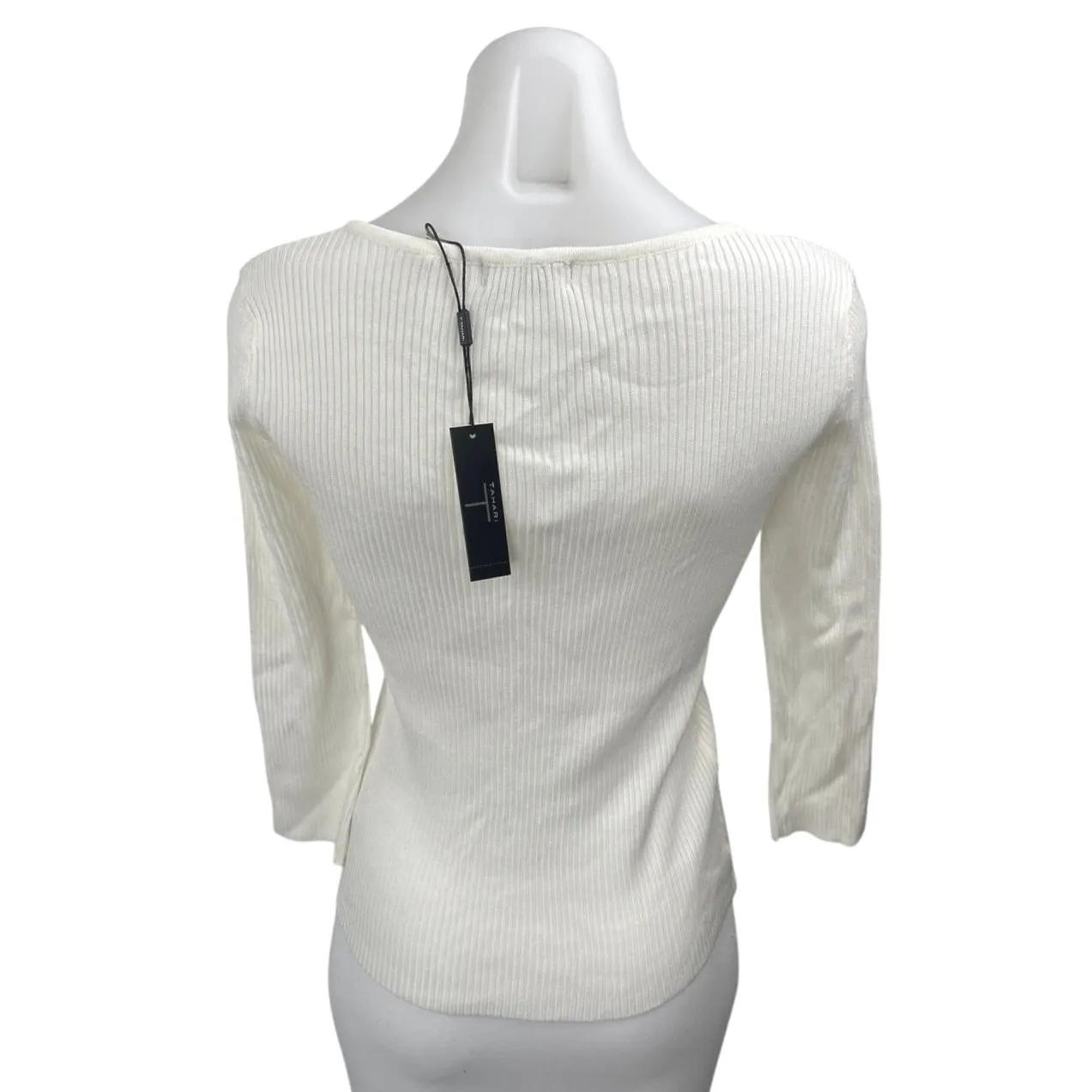 NEW T Tahari Ivory Boat Neck Gold Metal Chain Rib Knit 3/4 Sleeve Cutout Top S - Image 2