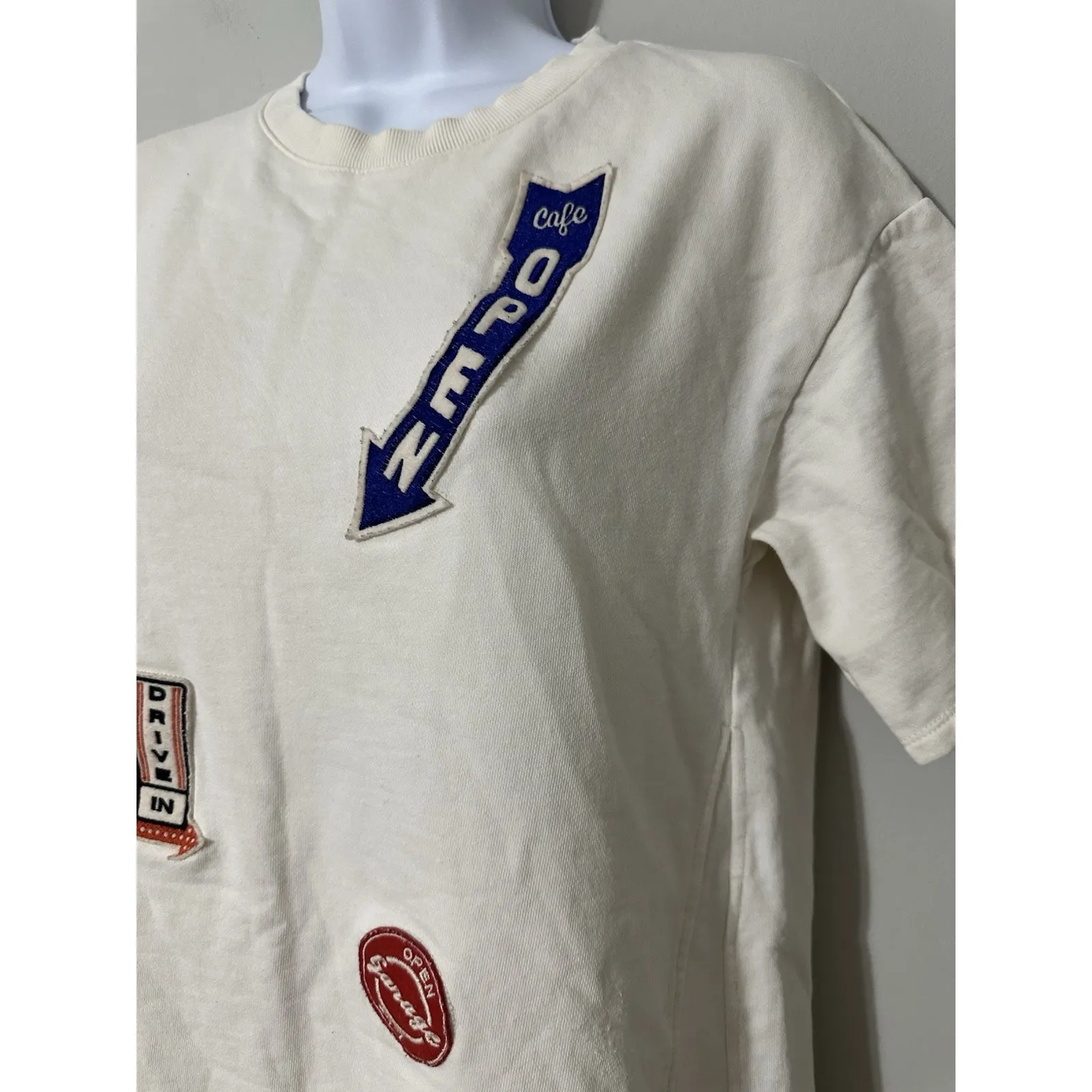Zara Trafaluc Oversized Boxy Patch T-Shirt Dress Cream Retro Sign Patches Size S - Image 3