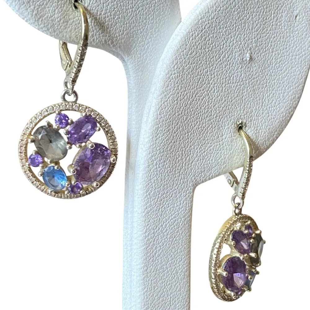 Gold Over Sterling Silver Blue Purple Green Topaz Dangle Elegant Drop Earrings - Image 5
