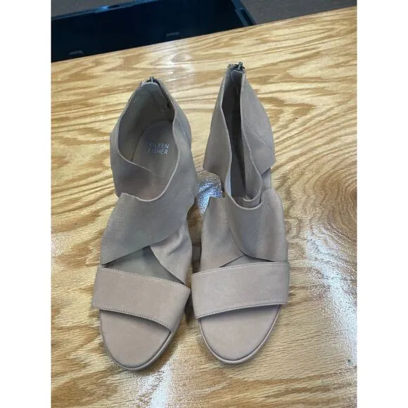 Eileen Fisher Women's Beige Leather Zip Back Block Heel Platform Heels 11 S17 - Image 2