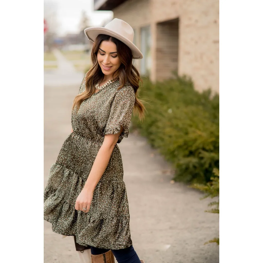 Betsey’s Boutique Olive Polka Dot Ruffle Sleeve Feminine Romantic Dress Medium Green - Image 3