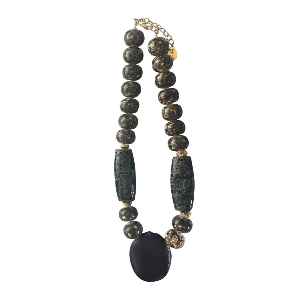 Vintage Artisan Cork Bead & Carved Wood Barrel Boho Statement Necklace Signed DL - Image 5