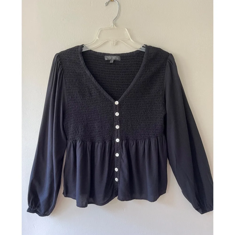 Jolie n Joy Sz XL Black Elastic Smocked V Neck Blouse Bell Long Sleeves Stretch‎ - Image 2