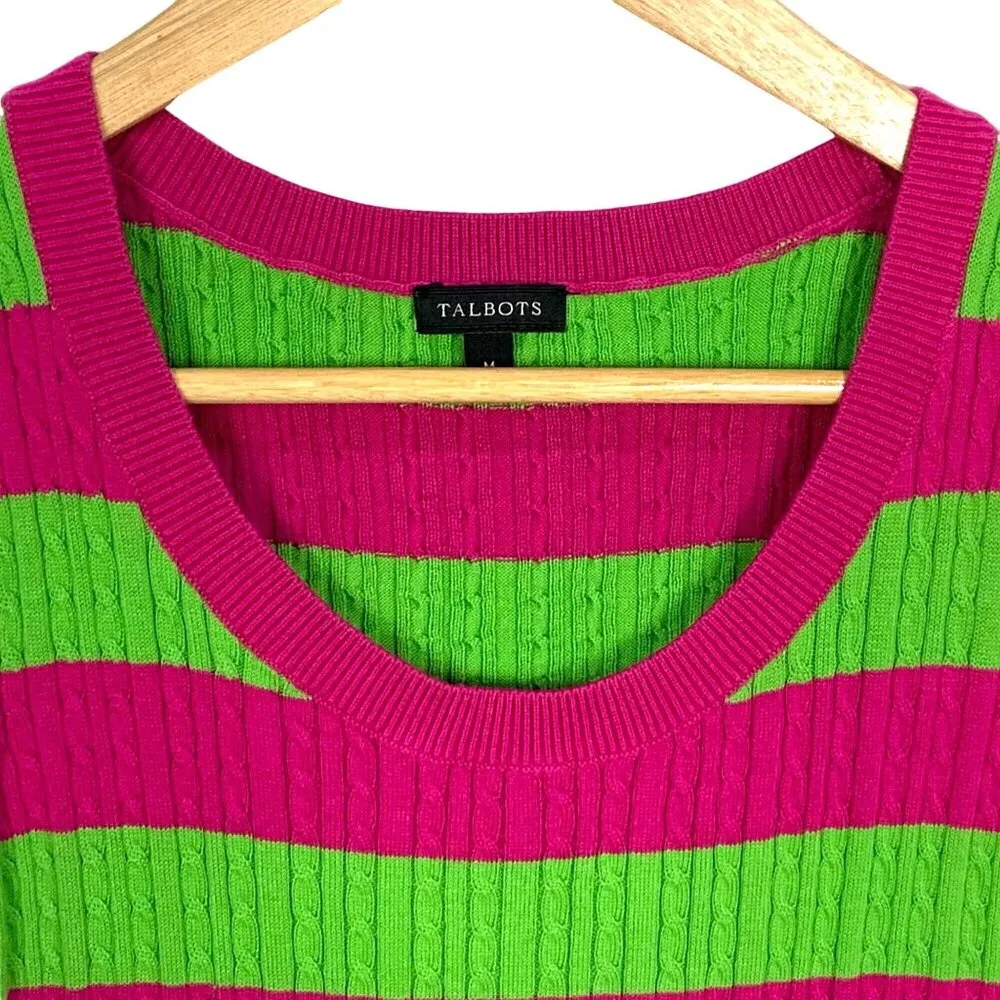 Vintage 90s Preppy Cable Knit Vest Pink Lime Stripe M Golf Academia Talbots - Image 2