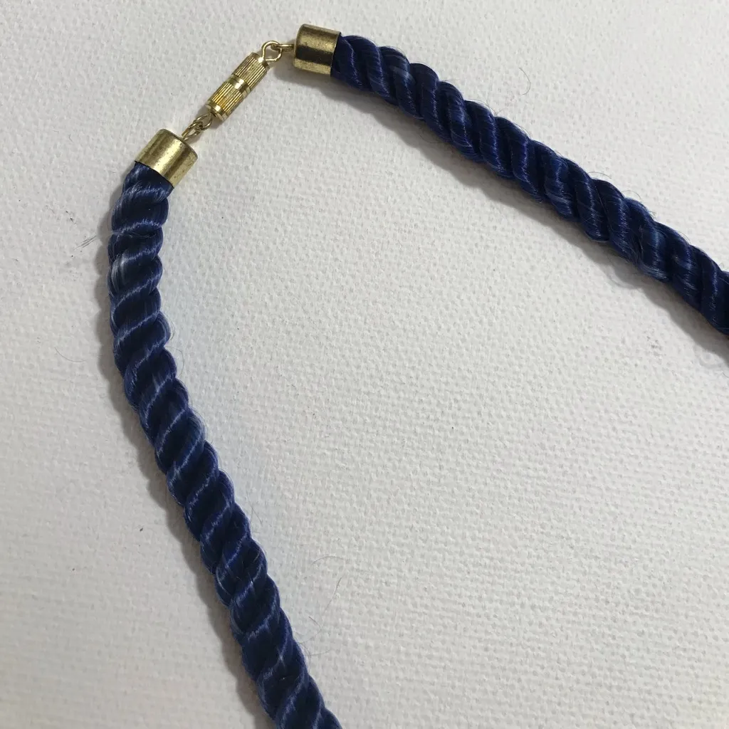 Vintage Cloisonne Dark Blue Floral Necklace Gold Tone On Blue Silk Rope 16 in - Image 2