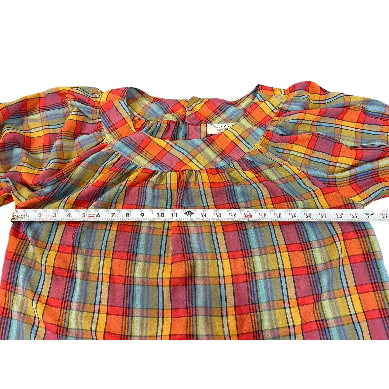 VTG Oscar de la Renta Madras Plaid Sheer Colorful Size 14 Puff Sleeve Yoke Top - Image 9