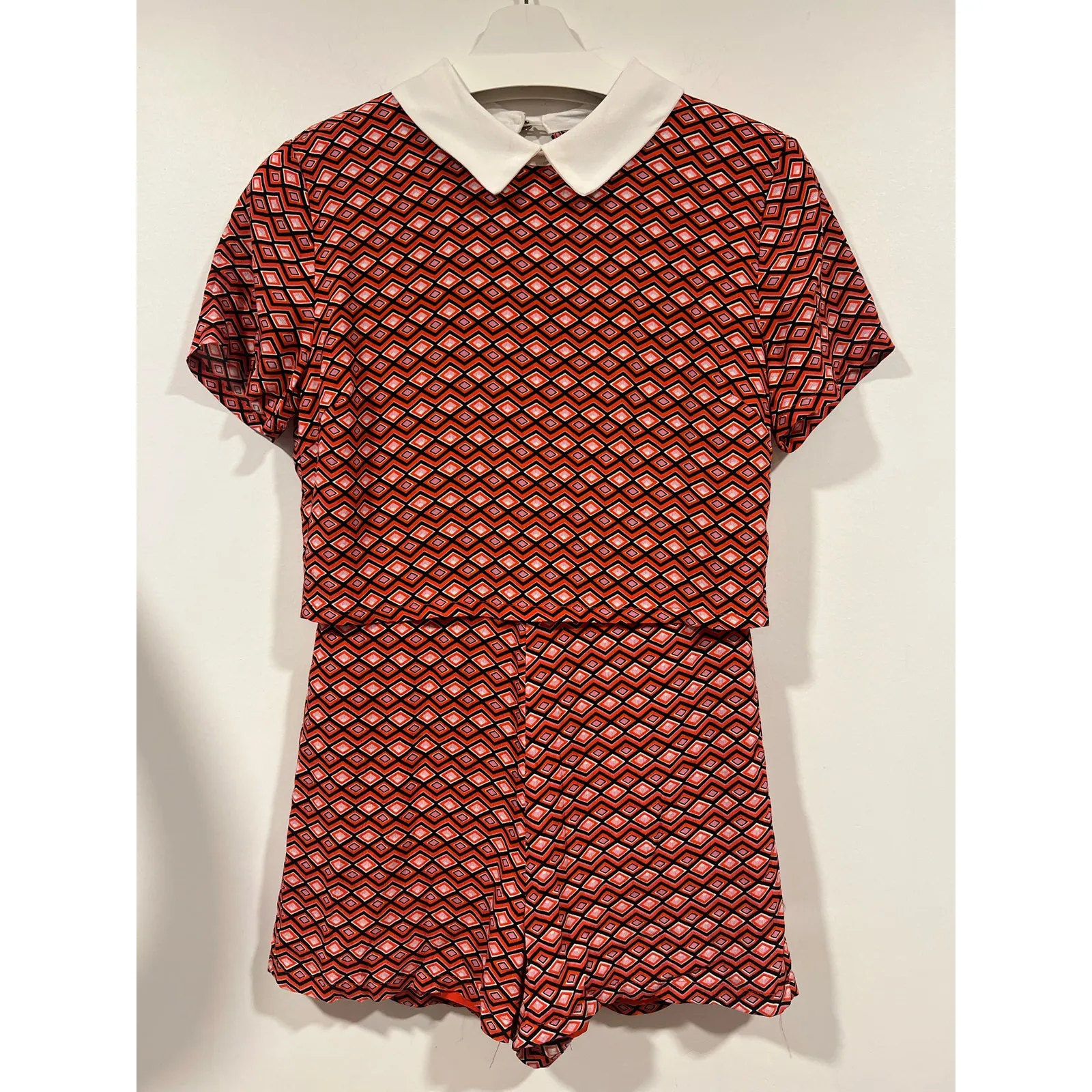 Women’s Retro MoD Rayon Geometric Preppy Romper  Orange Black White Small - Image 3