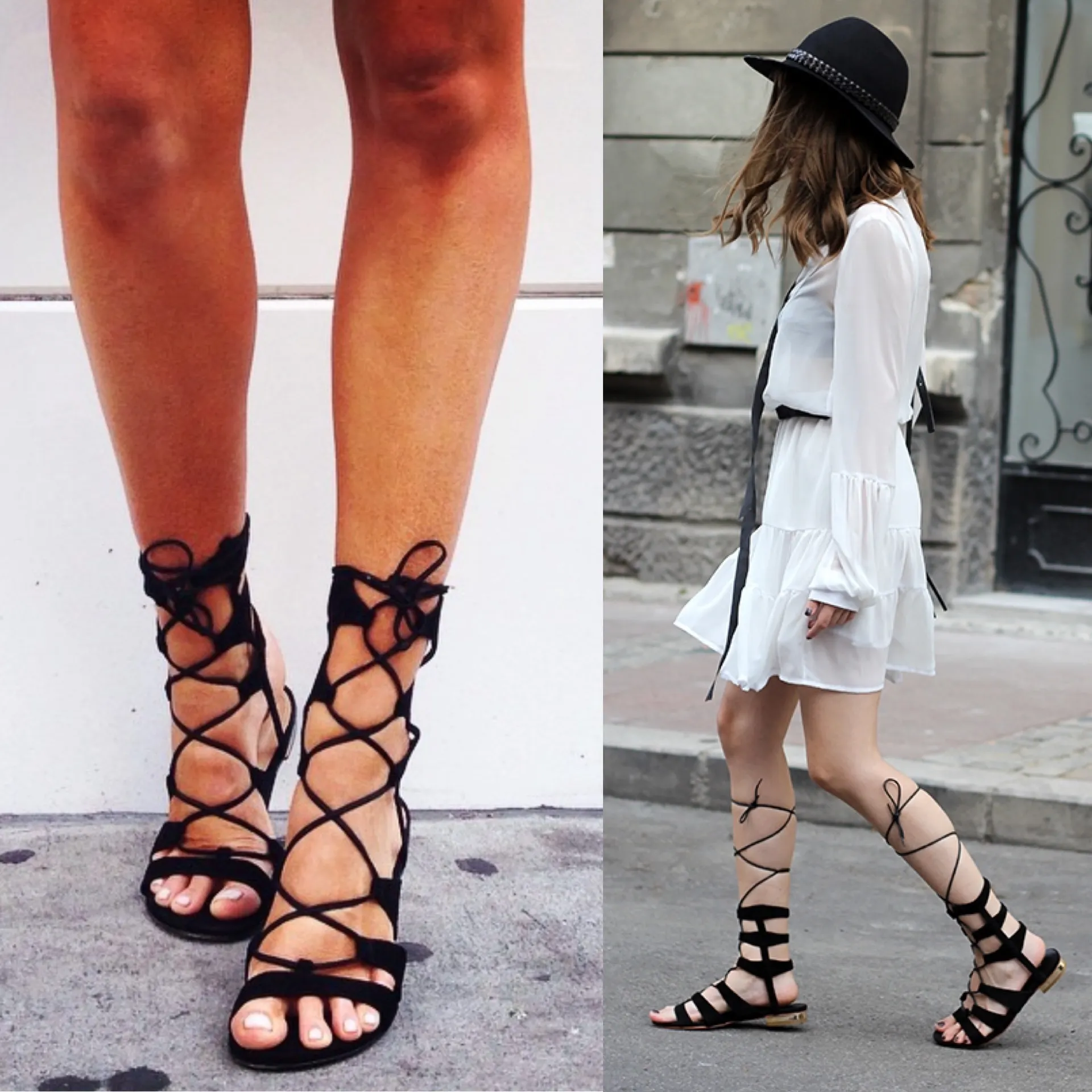 Black Faux Suede Lace Up Gladiator Boho Bohemian Sandals - Image 10