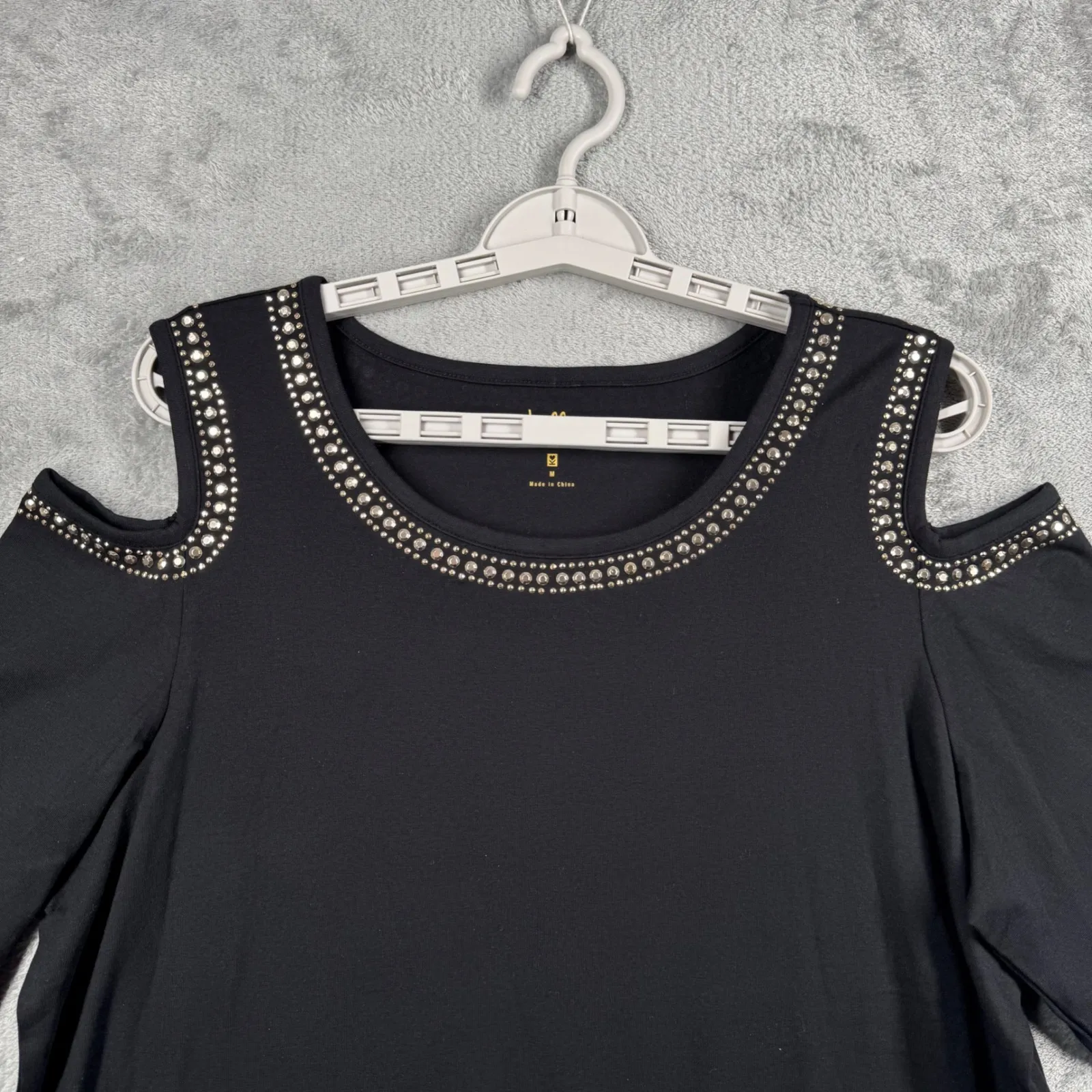 Belle Kim Gravel Blouse M Black Studded Cold Shoulder Tunic Top Embellished Size M - Image 4