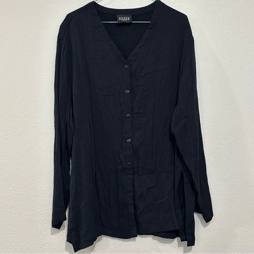 Eileen Fisher Boxy Black Ribbed Casual Cardigan Women Sz Medium Lagenlook USA - Image 12