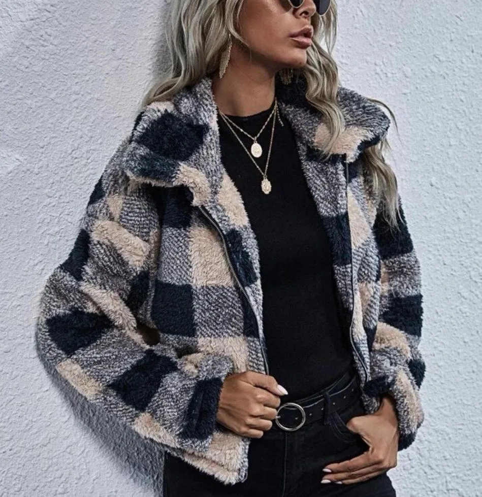 Plaid Print Zip Up Teddy Jacket - Image 7