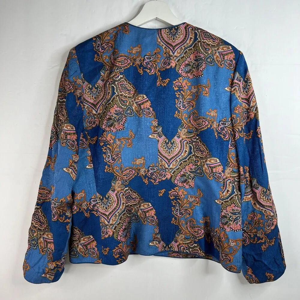 Adrianna Papell Size 14 Jacket Topper 100% Silk Button Front Teal Blue Paisley - Image 8