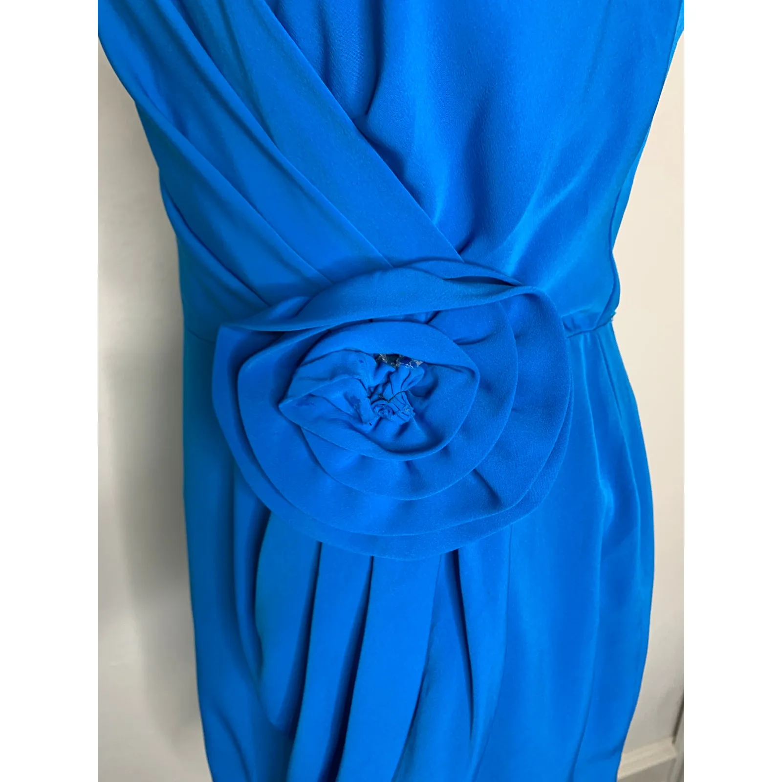 Vintage Custom Made Turquoise Dress Wrap Petal Hem Rosette Sz ? small XS Blue - Image 10