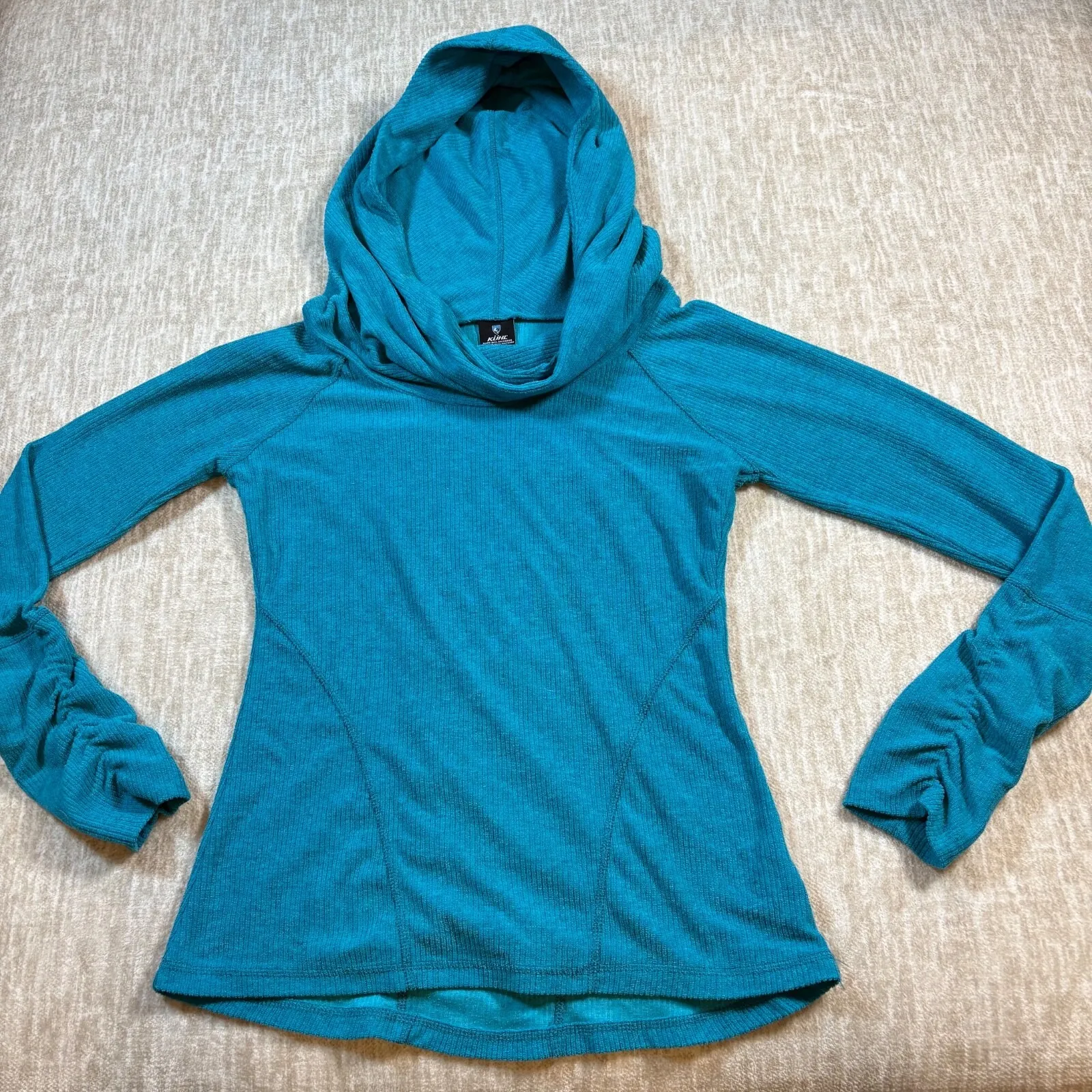 Kuhl Pullover Hoodie Women Size S Teal Ruched Sleeves Ribbed Cowl Neck - Image 1
