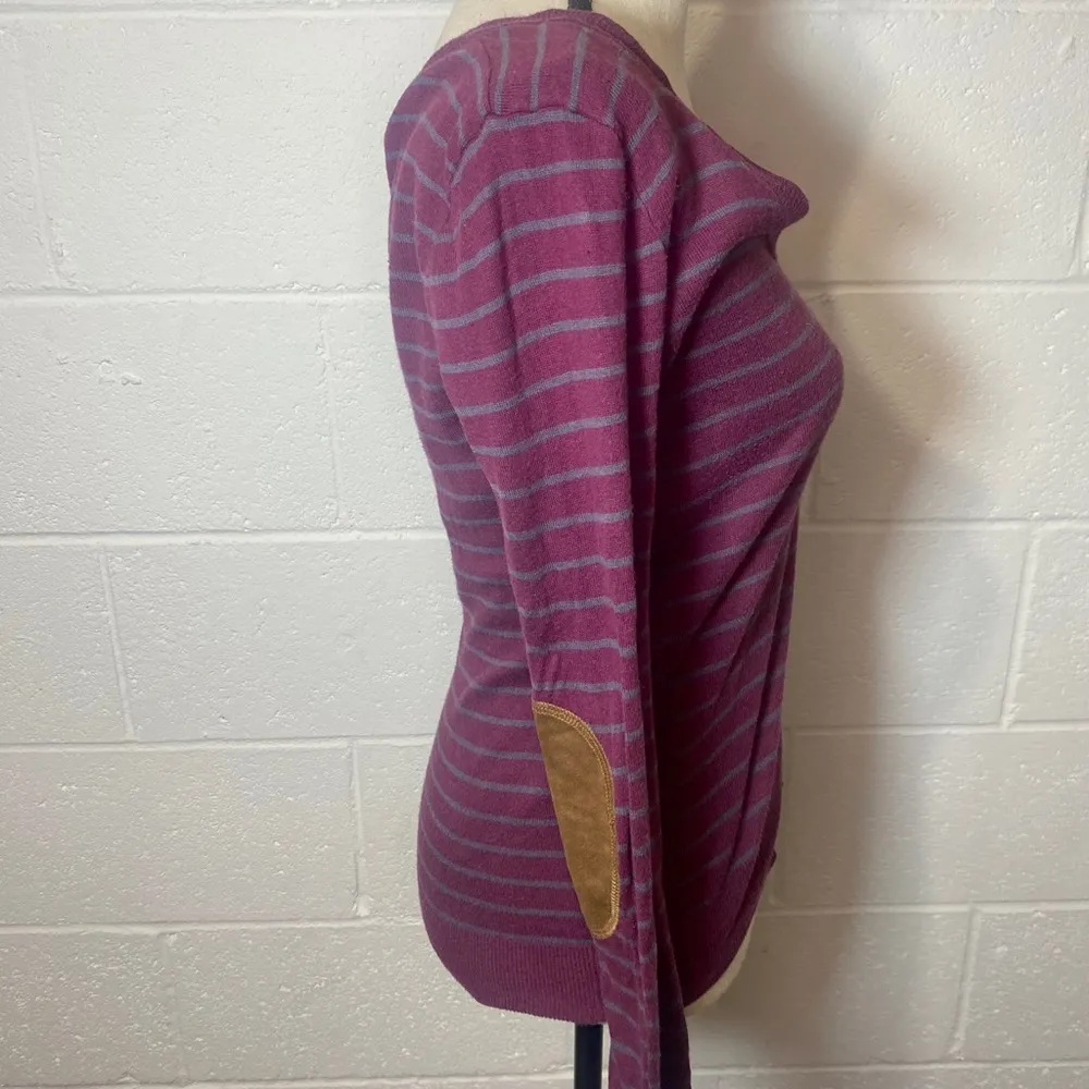 Rubbish Nordstrom Purple Plum Sweater with Gray Stripes & Brown Elbow Patches - Image 3