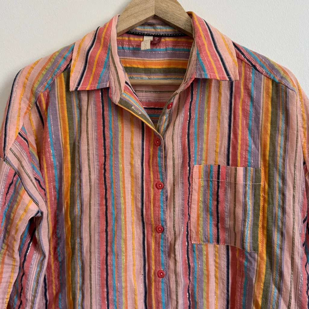 Anthropologie Pilcro Long-Sleeve Boyfriend Striped Shirt Size XS Metallic - Image 4