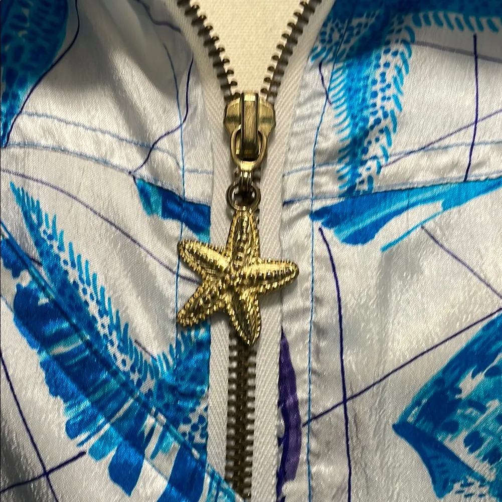 Vtg Lavon Blue Purple White Track Jacket Seashells Floral Geometric Starfish L - Image 2