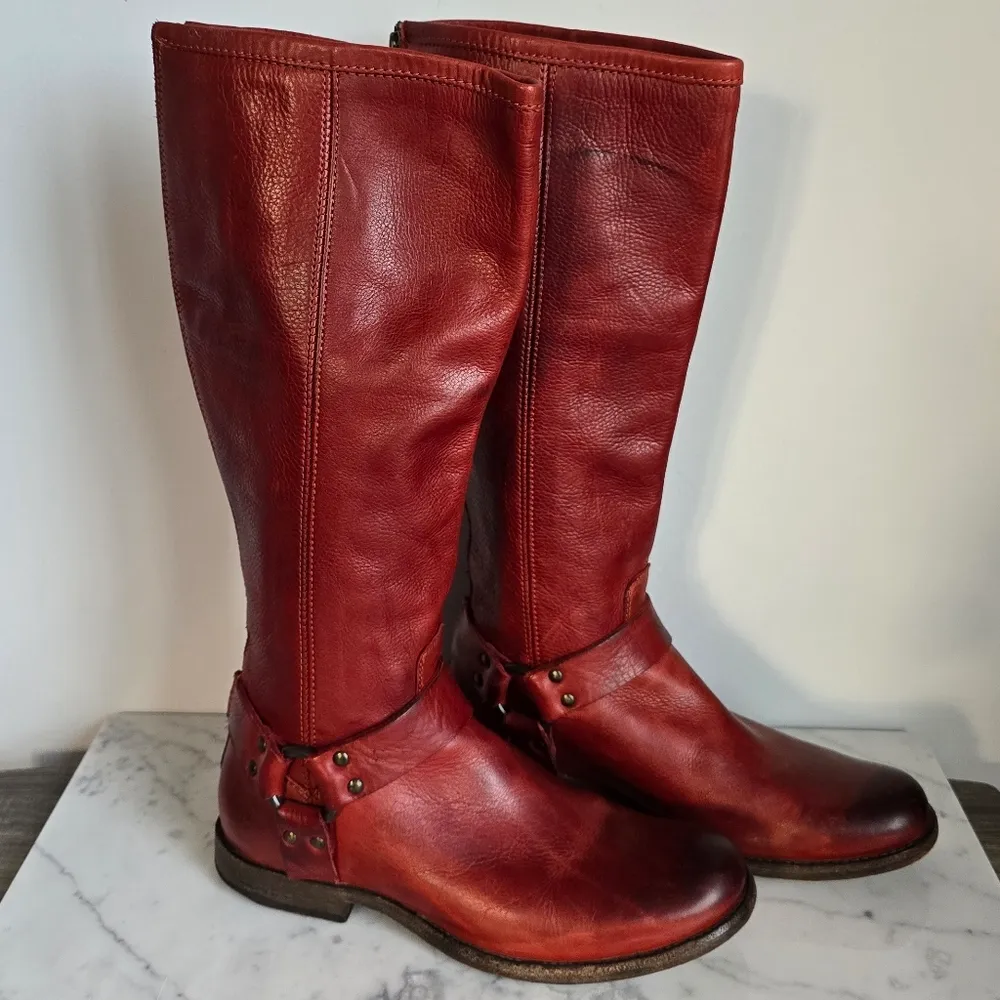 Frye, Phillip Harness Boots Red Burgundy Tall Leather Western Boot, Size 8.5 - Image 15