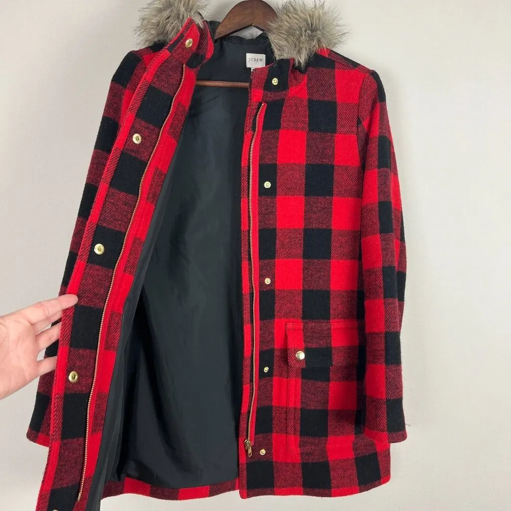 J Crew Jacket Womens 6 Red Vail Parka Coat Buffalo Check Plaid Faux‎ Fur Hood - Image 7