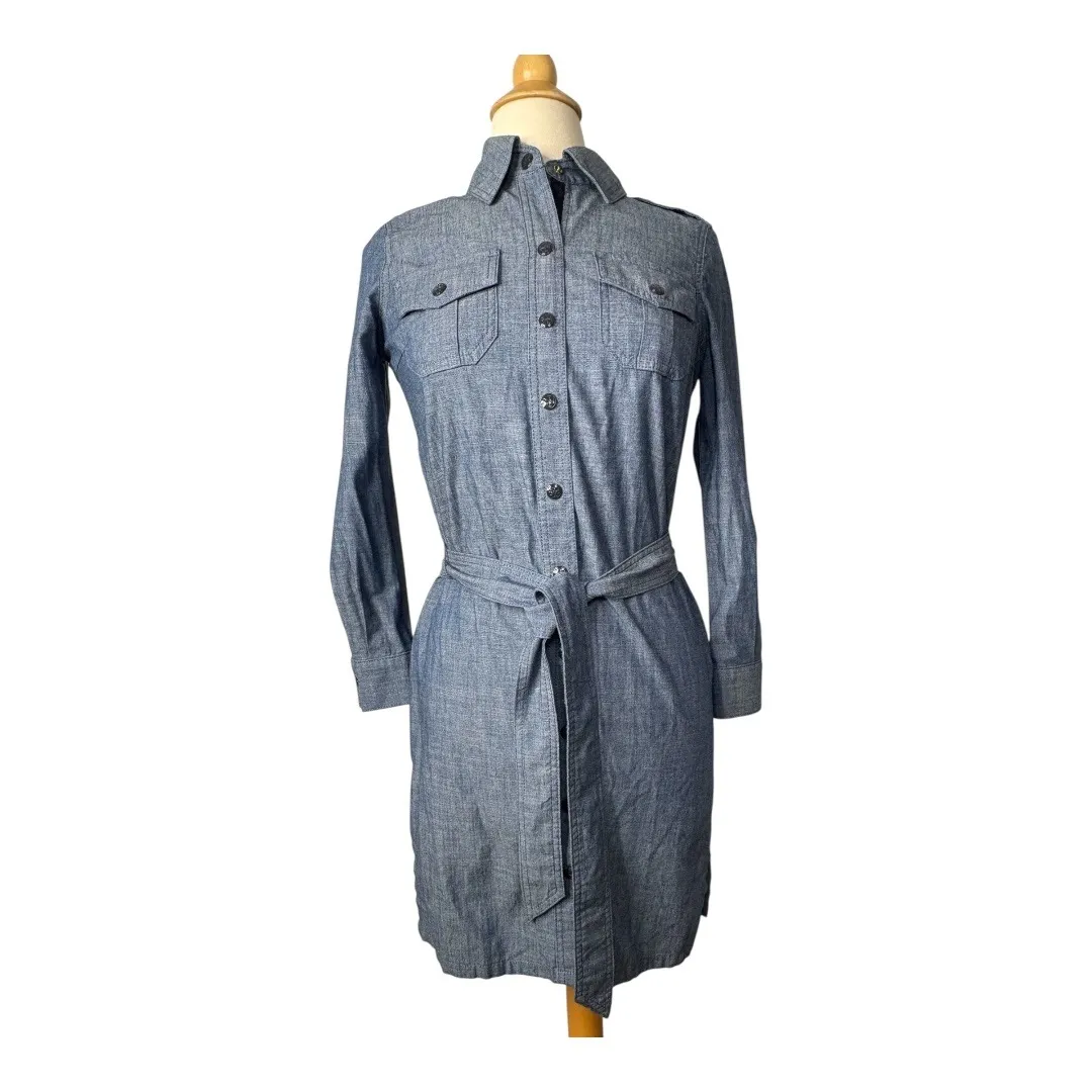 Tory Burch Cora Chambray Shirt Dress Stonewash Belted Long Sleeve‎ Blue Size 2 - Image 3
