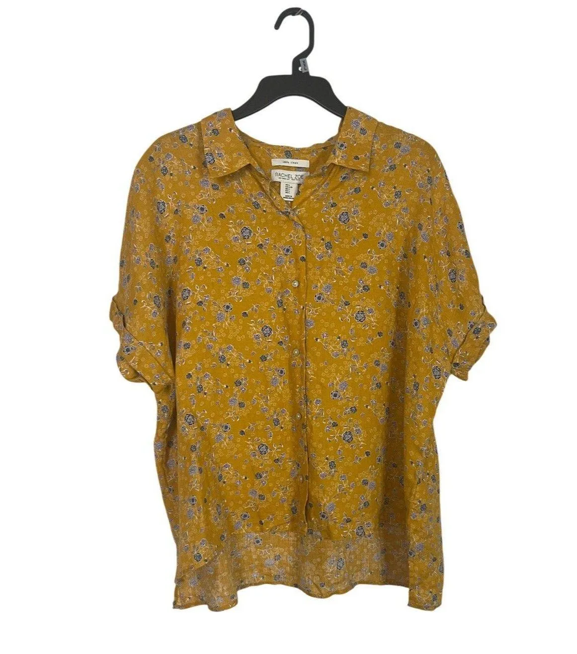 Rachel Zoe Women’s Boxy Button Up Shirt L 100% Linen Yellow Blue Cottagecore - Image 2